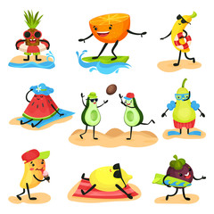 Tropical humanized fruit characters spending time on the beach set, fruits relaxing, swimming, sunbathing, playing during summer holidays vector Illustrations