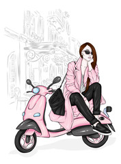 Obraz na płótnie Canvas Beautiful girl in a stylish coat, jeans and shoes. Vector illustration for a postcard or a poster. Fashion and style, clothing and accessories. Bouquet of peony and roses. Flowers. Vintage moped. 