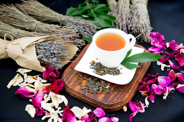 Cup of tea and mint on a dark background