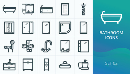 Bathroom and sanitary icons set. Set of bath, shower cabin, faucets, bathroom furniture icons