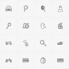 Fototapeta na wymiar Games Genres line icon set with chess pawn, magnifier and stopwatch