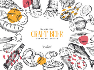 Hand drawn Oktoberfest pub poster. Beer and snacks. Vector glass, bottle, opener, fish, pretzel, barley, hop, food. Bar alcohol beverages. Craft brewery Discount banner festival menu flyer poster.