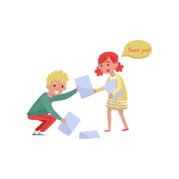 Smiling boy helping girl to picking up paper from the floor. Kids with good  manners. Flat vector design Stock Vector | Adobe Stock