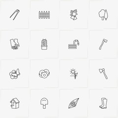 Gardening line icon set with nippers, shovel and fence