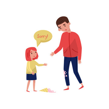 Polite little girl apologizing to young guy for soiled jeans, ice-cream laying on the floor. Child with good manners. Flat vector