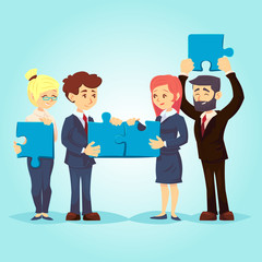 Flat Cartoon Characters. Office Workers with Puzzle. Vector Illustration