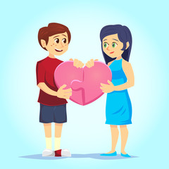 Smiling young man and woman lovingly put together heart-shaped puzzle. Couple in love. Characters for the feast of Saint Valentine. Vector illustration in cartoon style