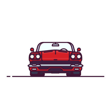 Front view of red muscle sport car with convertible hood. Cabriolet old style vehicle. Line style vector illustration. Vehicle and transport banner. Retro style old car from 60s.