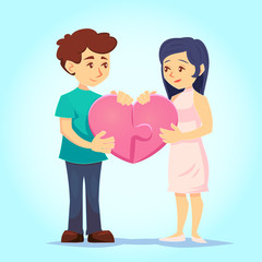 Smiling young man and woman lovingly put together heart-shaped puzzle. Couple in love. Characters for the feast of Saint Valentine. Vector illustration in cartoon style