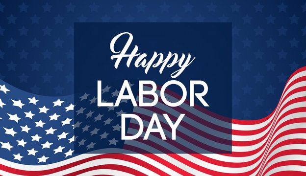 Happy Labor Day Banner Vector Illustration, Beautiful USA Flag Waving On Blue Star Pattern Background.