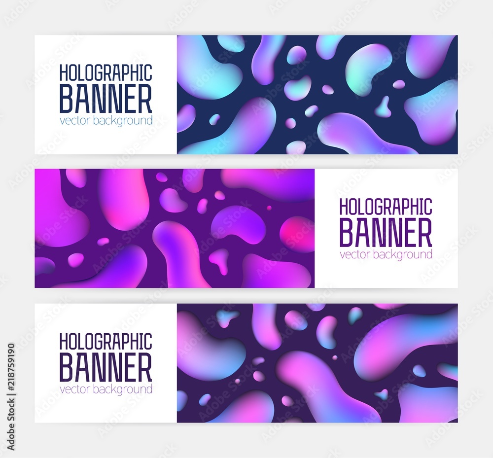 Poster collection of trendy horizontal banner templates with fantastic holographic texture, neon colored bu