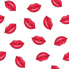 Fototapeta premium Seamless pattern with sexy female lips on white background. Backdrop with sexy smiling mouths. Texture with symbols of passion. Bright colored vector illustration for fabric print, wrapping paper.