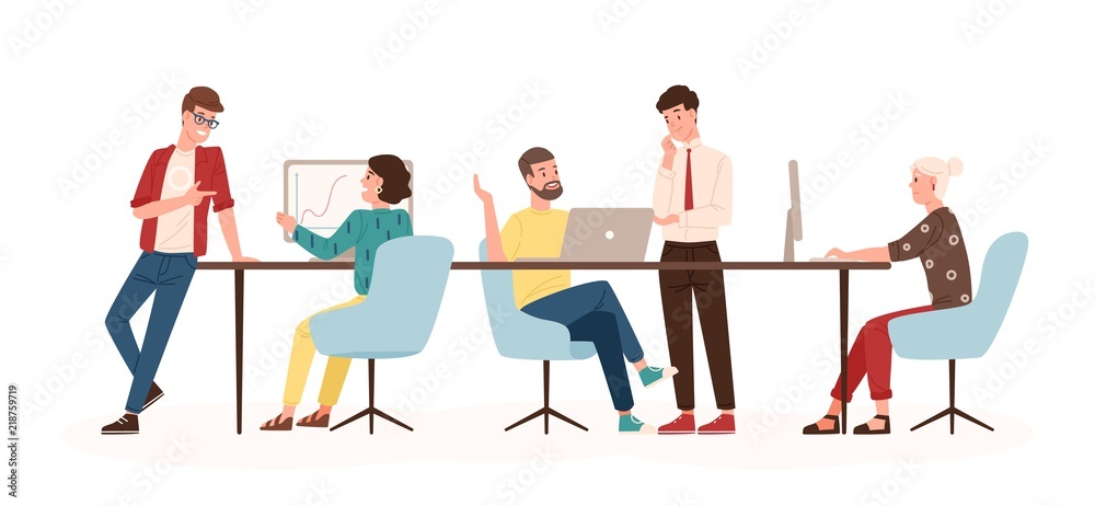 Poster men and women sitting at desk and standing in modern office, working at computers and talking with c