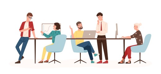 Obraz na płótnie Canvas Men and women sitting at desk and standing in modern office, working at computers and talking with colleagues. Effective and productive teamwork. Colorful vector illustration in flat cartoon style.