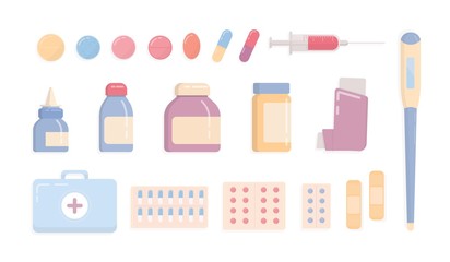 Bundle of medical tools and medicines isolated on white background - first aid kit, inhaler, pills in blisters, syringe, thermometer, patches, nasal spray. Flat cartoon colorful vector illustration.