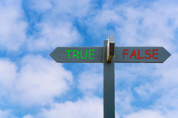 True or False: Conceptual Wooden Directional Sign on a Sky Background