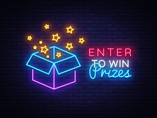 Fototapeta premium Enter to Win Prizes Neon Sign Vector. Gift neon sign, Win super prize design template, modern trend design, night neon signboard, night bright advertising, light banner, light art. Vector