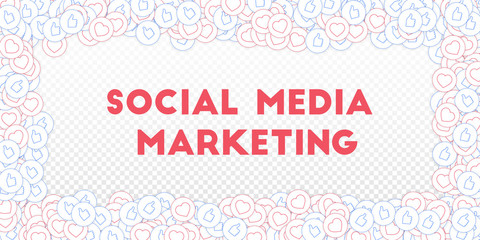 Social media icons. Social media marketing concept. Falling scattered thumbs up hearts. Wide scatter