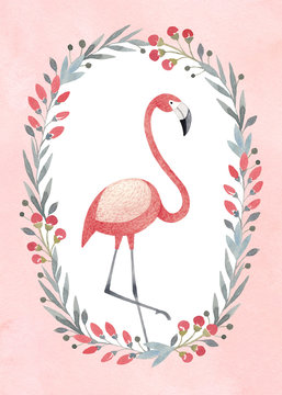 Watercolor illustration of a flamingo. Perfect for greeting card