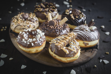 Group of sweet chocolate and homemade donuts,selective focus