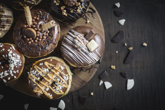 Group of sweet chocolate and homemade donuts,selective focus