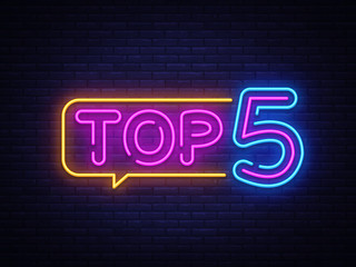 Top 5 Neon Text Vector. Top Five neon sign, design template, modern trend design, night neon signboard, night bright advertising, light banner, light art. Vector illustration