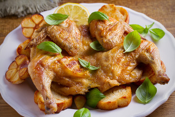 Whole chicken on toasted bread with lemon, basil and garlic on white plate, wooden table. horizontal