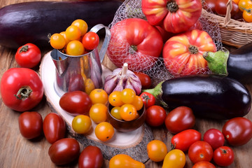 Varying sorts of tomatoes and other vegetables. Freshly picked harvest