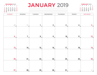 January 2019. Calendar planner stationery design template. Vector illustration. Week starts on Sunday