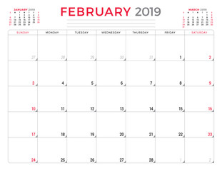 February 2019. Calendar planner stationery design template. Vector illustration. Week starts on Sunday
