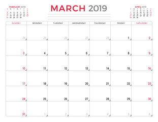 March 2019. Calendar planner stationery design template. Vector illustration. Week starts on Sunday