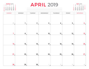 April 2019. Calendar planner stationery design template. Vector illustration. Week starts on Sunday