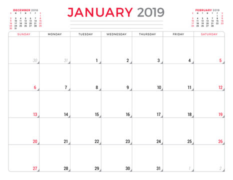 January 2019. Calendar planner stationery design template. Vector illustration. Week starts on Sunday