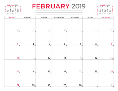 February 2019. Calendar planner stationery design template. Vector illustration. Week starts on Sunday