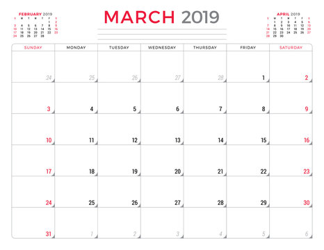 March 2019. Calendar planner stationery design template. Vector illustration. Week starts on Sunday