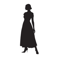 Fototapeta na wymiar Young woman in long dress, isolated vector silhouette. Posing model