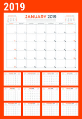 Calendar planner stationery design template for 2019 year. Vector illustration. Week starts on Sunday