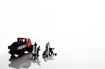 House building Workers with tools and truck