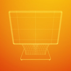 LCD Screen Stand. Trade Show Booth. Tv info kiosk wireframe low poly mesh vector illustration