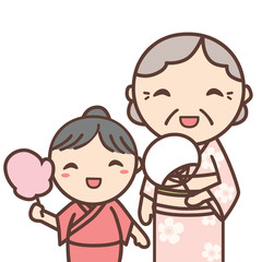 浴衣を着たおばあちゃんと女の子