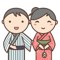浴衣を着た夫婦カップルのイラスト