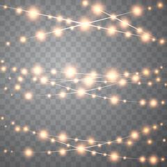 Christmas lights isolated on transparent background. Set of golden xmas glowing garland. Vector