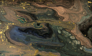 Marble abstract acrylic background. Marbling artwork texture. Agate ripple pattern. Gold powder.