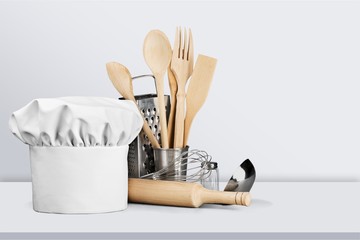 Set of kitchen utensils on background