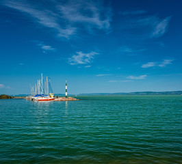 Fototapeta premium Sailboats in the port on lake Balaton in summer.