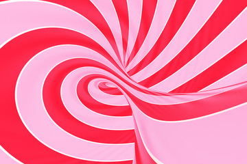 Christmas festive pink and red spiral tunnel. Striped twisted lollipop optical illusion. Abstract background. 3D render.