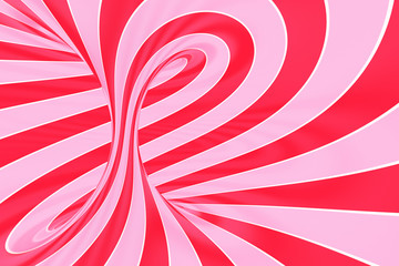 Christmas festive pink and red spiral tunnel. Striped twisted lollipop optical illusion. Abstract background. 3D render.