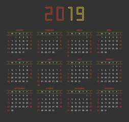 2019 Calendar. Isolated on Black background