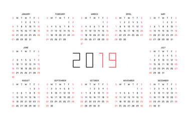 2019 Calendar. Isolated on White background