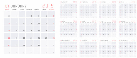 Planning calendar template 2019 set of 12 months January - December. Isolated on White background